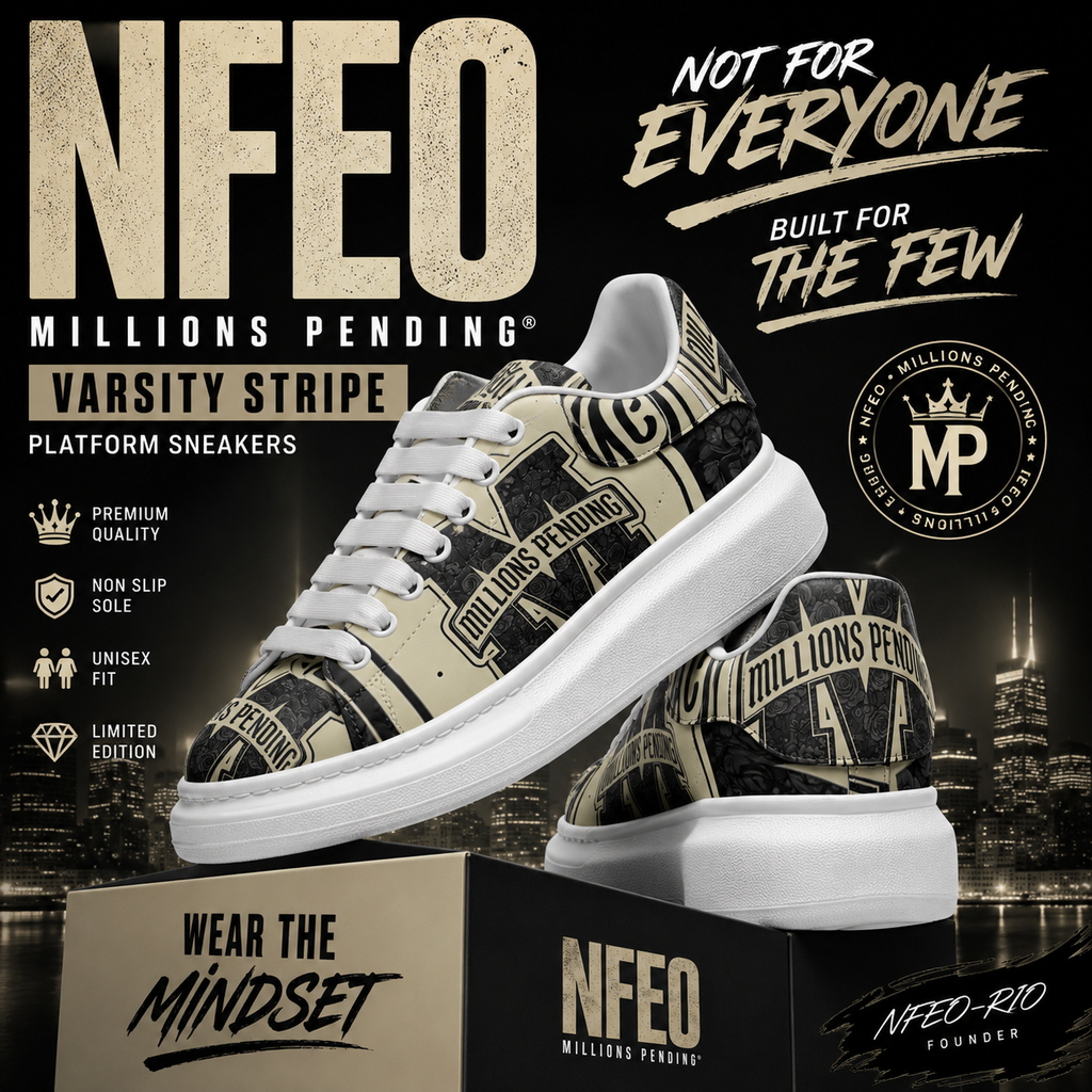 NFEO Millions Pending Varsity Stripe Platform Sneakers in premium cream, black, and ivory colorway displayed on luxury branded shoebox with bold entrepreneur streetwear graphics. Unisex chunky sole designer sneakers featuring premium faux leather, non-slip platform sole, exclusive fashion aesthetic, limited edition footwear, motivational NFEO Built For The Few branding, luxury urban sneaker collection for ambitious entrepreneurs and streetwear enthusiasts.