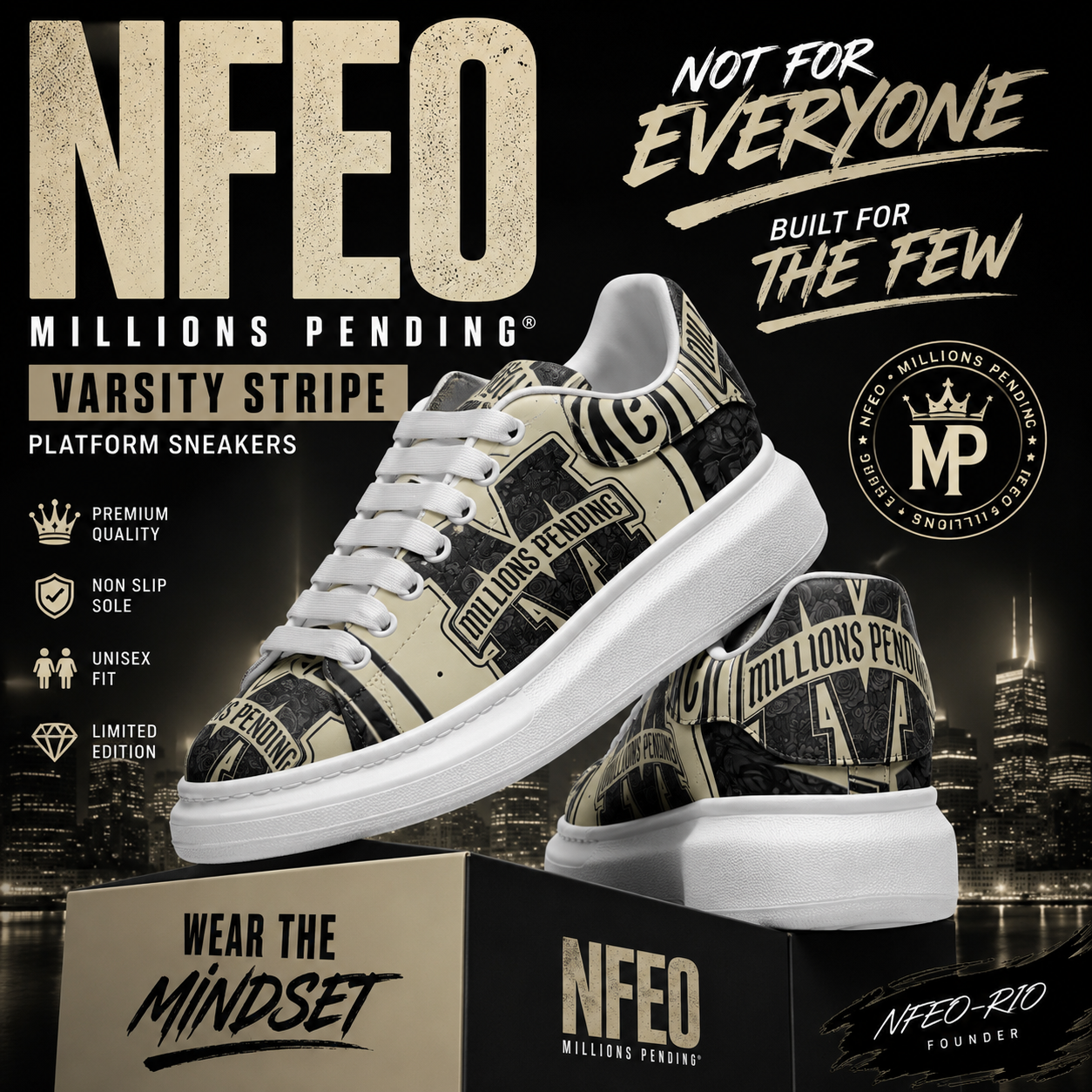 NFEO Millions Pending Varsity Stripe Platform Sneakers in premium cream, black, and ivory colorway displayed on luxury branded shoebox with bold entrepreneur streetwear graphics. Unisex chunky sole designer sneakers featuring premium faux leather, non-slip platform sole, exclusive fashion aesthetic, limited edition footwear, motivational NFEO Built For The Few branding, luxury urban sneaker collection for ambitious entrepreneurs and streetwear enthusiasts.