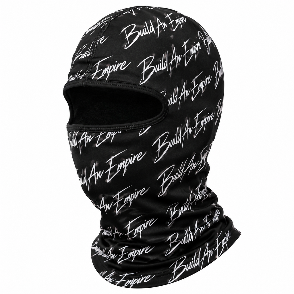 B.A.E. Build An Empire black full face ski mask balaclava with all-over print polyester spandex fabric, breathable stretch fit, and full face and neck coverage for exclusive streetwear.