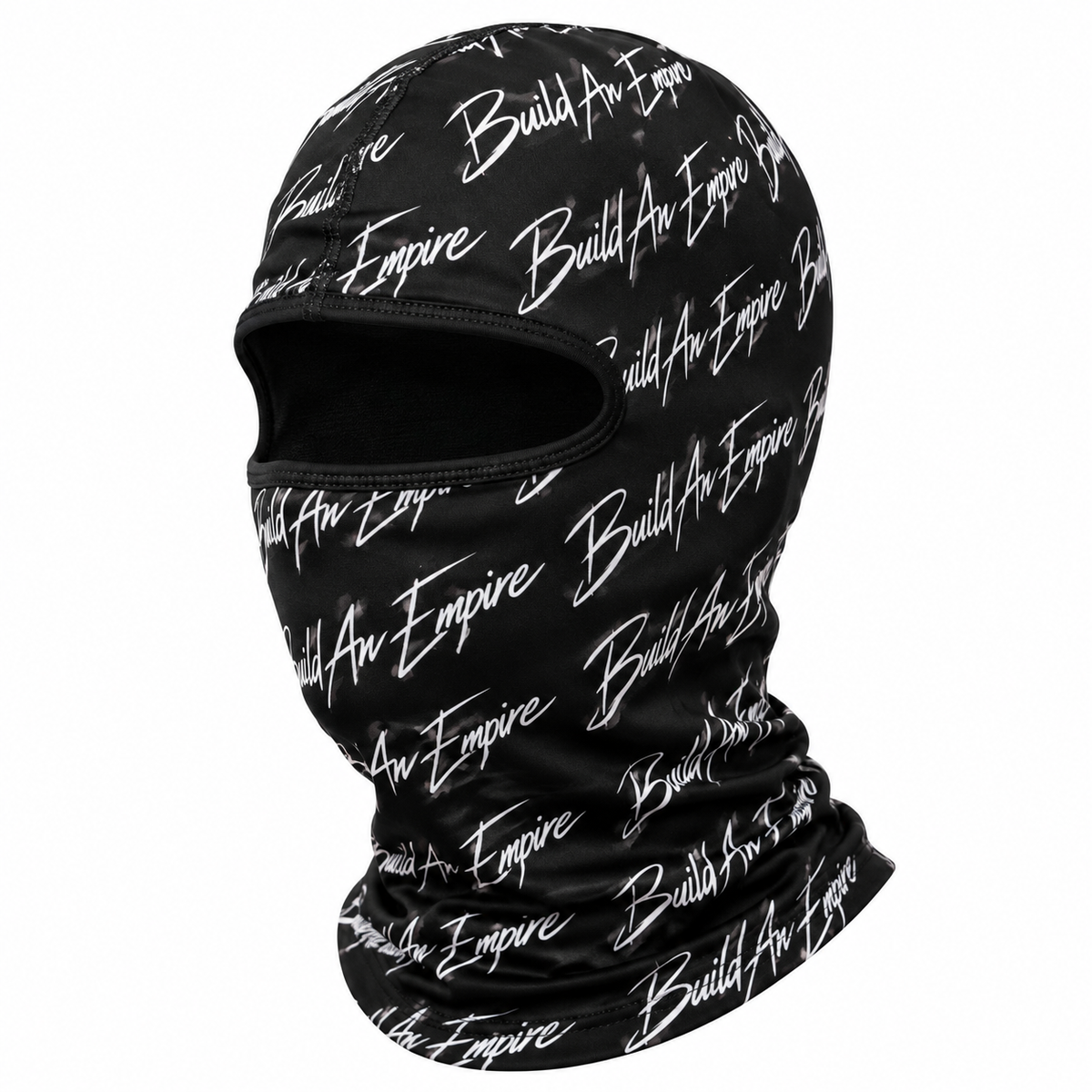B.A.E. Build An Empire black full face ski mask balaclava with all-over print polyester spandex fabric, breathable stretch fit, and full face and neck coverage for exclusive streetwear.