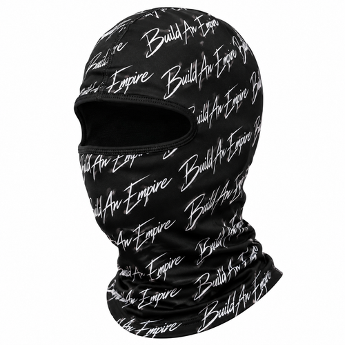 B.A.E. Build An Empire black full face ski mask balaclava with all-over print polyester spandex fabric, breathable stretch fit, and full face and neck coverage for exclusive streetwear.