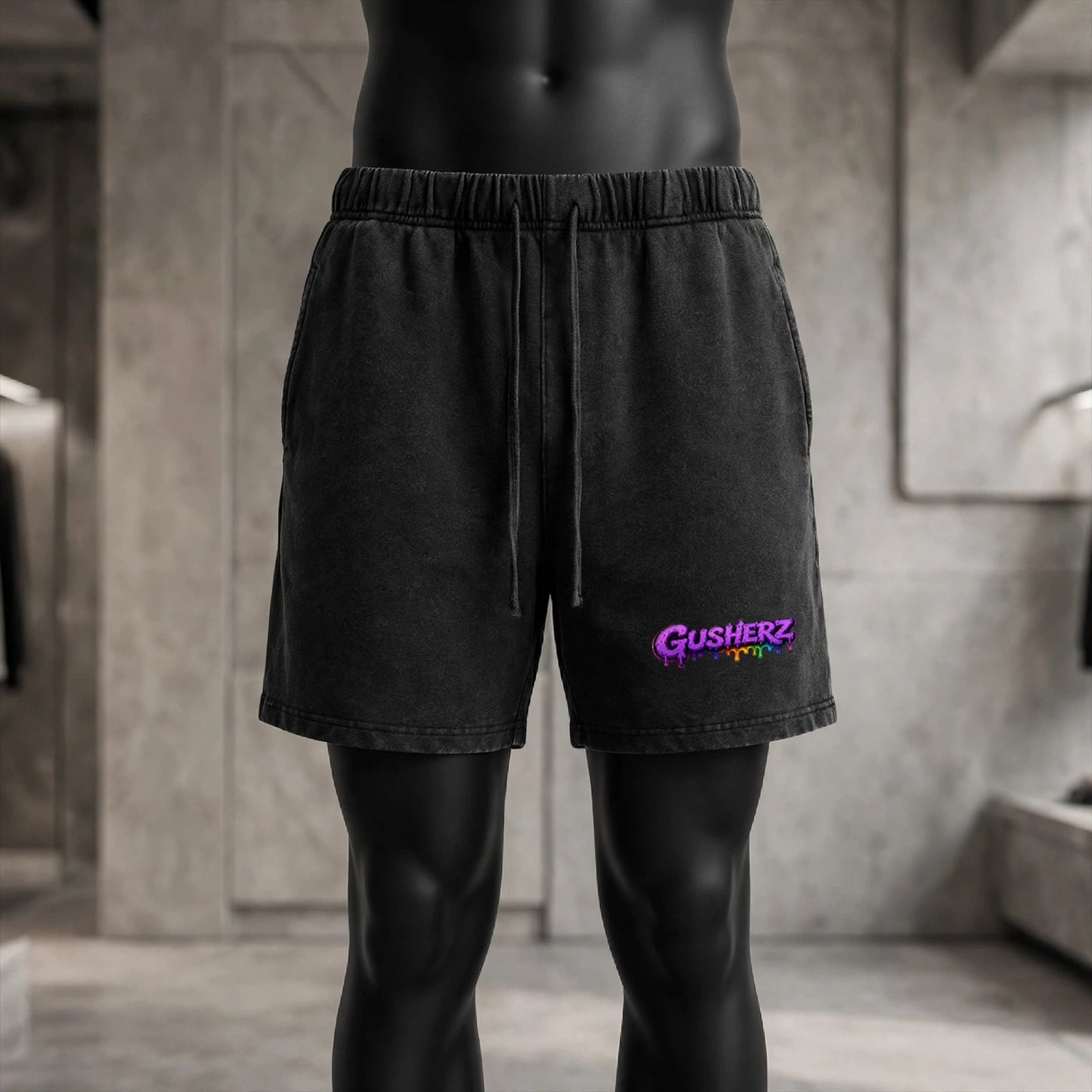 NFEO GUSHERZ Black Heavyweight Vintage Wash Shorts - DROP 002 ZAZA Collection - Luxury Streetwear Cannabis Culture Shorts with Purple Rainbow Drip Logo, Oversized Boxy Above The Knee Fit, Premium Cotton French Terry, Elastic Waist Drawstring, Not For Everyone Built For The Few Limited Edition Collectible Streetwear