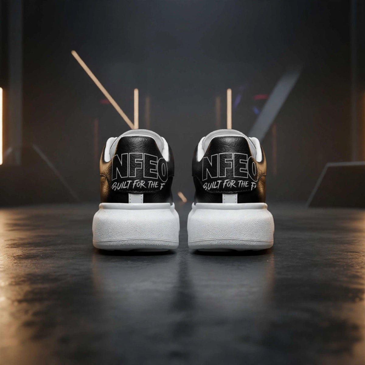 Back Heel Shot: Rear view of NFEO X-Ray Colorway platform sneakers showing tonal black-on-black NFEO Built for the Few heel branding on faux leather upper with chunky white outsole. Exclusive unisex designer streetwear sneakers. NFEO-BFTF limited drop.