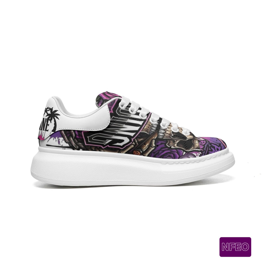 Side view of stylish Graffiti millions Pending NFEO Platform McQueen model Chunky sole sneakers with purple, black, white, sliver, floral Skull designs with millions Pending text Millions Pending signature sneakers for streetwear.