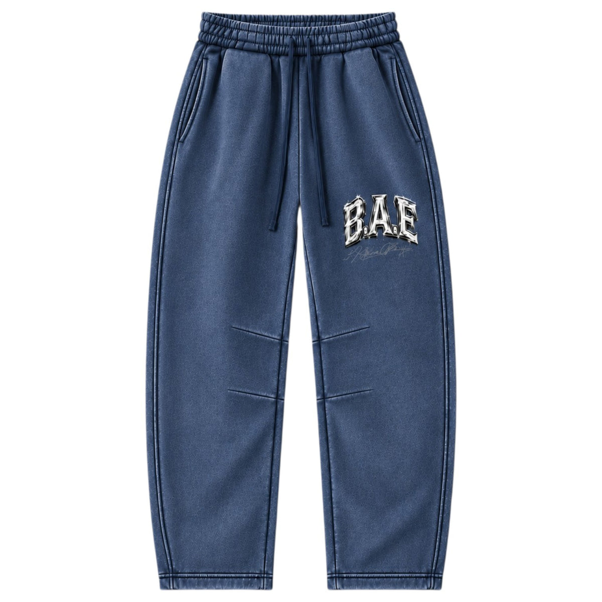 Navy Blue Front view: of B.A.E. vintage wash streetwear sweatpants unisex barrel-leg fleece joggers in multiple colorways, including red, black, gray, navy blue, green, peach, pink, baby pink, light blue, and yellow, with signature B.A.E. logo detail.