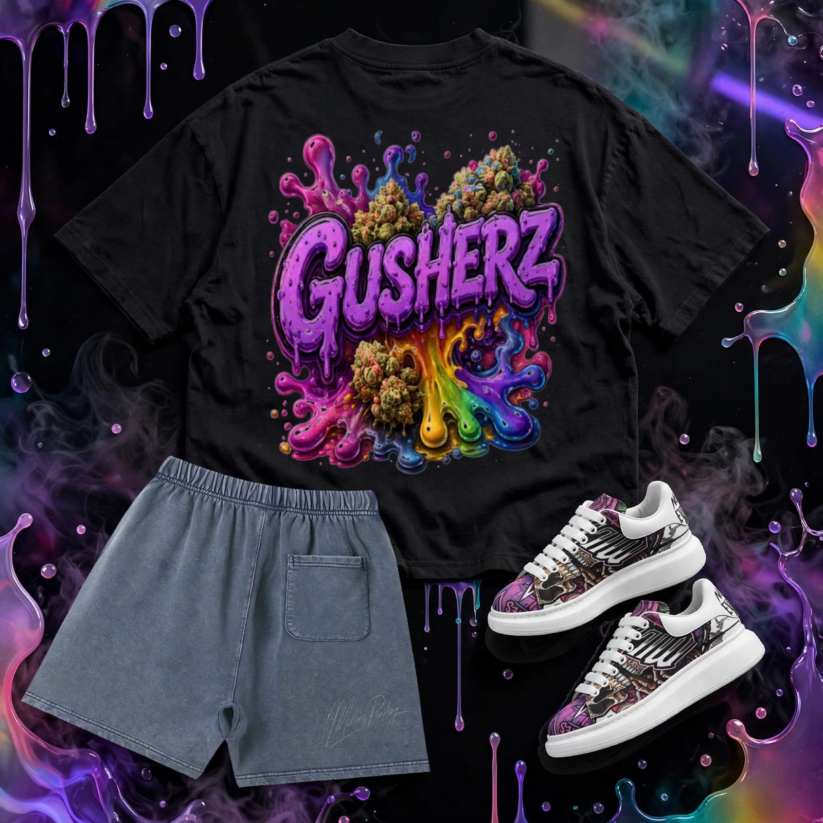 IMAGE 2 - BACK FLATLAY (Blue Denim Shorts Back + Black Tee Back Art) - ALT TEXT:
NFEO GUSHERZ Blue Vintage Denim Collection Back Flat Lay - DROP 002 Black Tee Large Back Purple GUSHERZ Rainbow Splash Cannabis Nug Graphic + Blue Vintage Wash Shorts Back Pocket Signature Detail + Custom Graphic Sneakers - Luxury 420 ZAZA Streetwear Flatlay Mockup - Not For Everyone Built For The Few Designer Drop