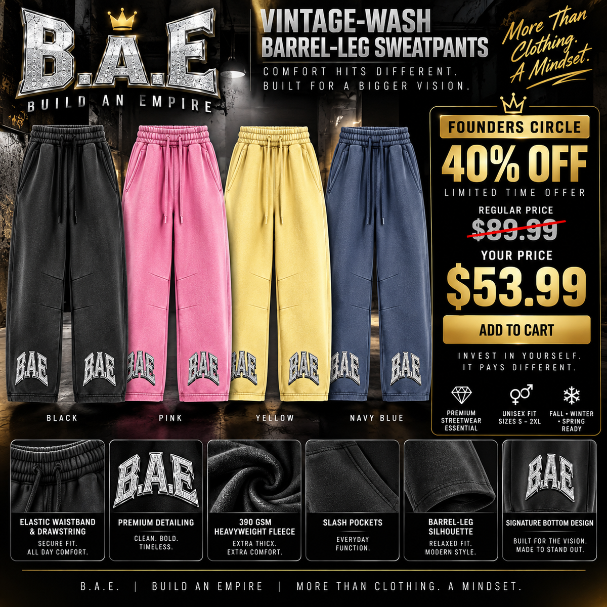 Premium Unisex Vintage Wash Barrel Leg Fleece Sweatpants B.A.E Build An Empire Entrepreneur Streetwear