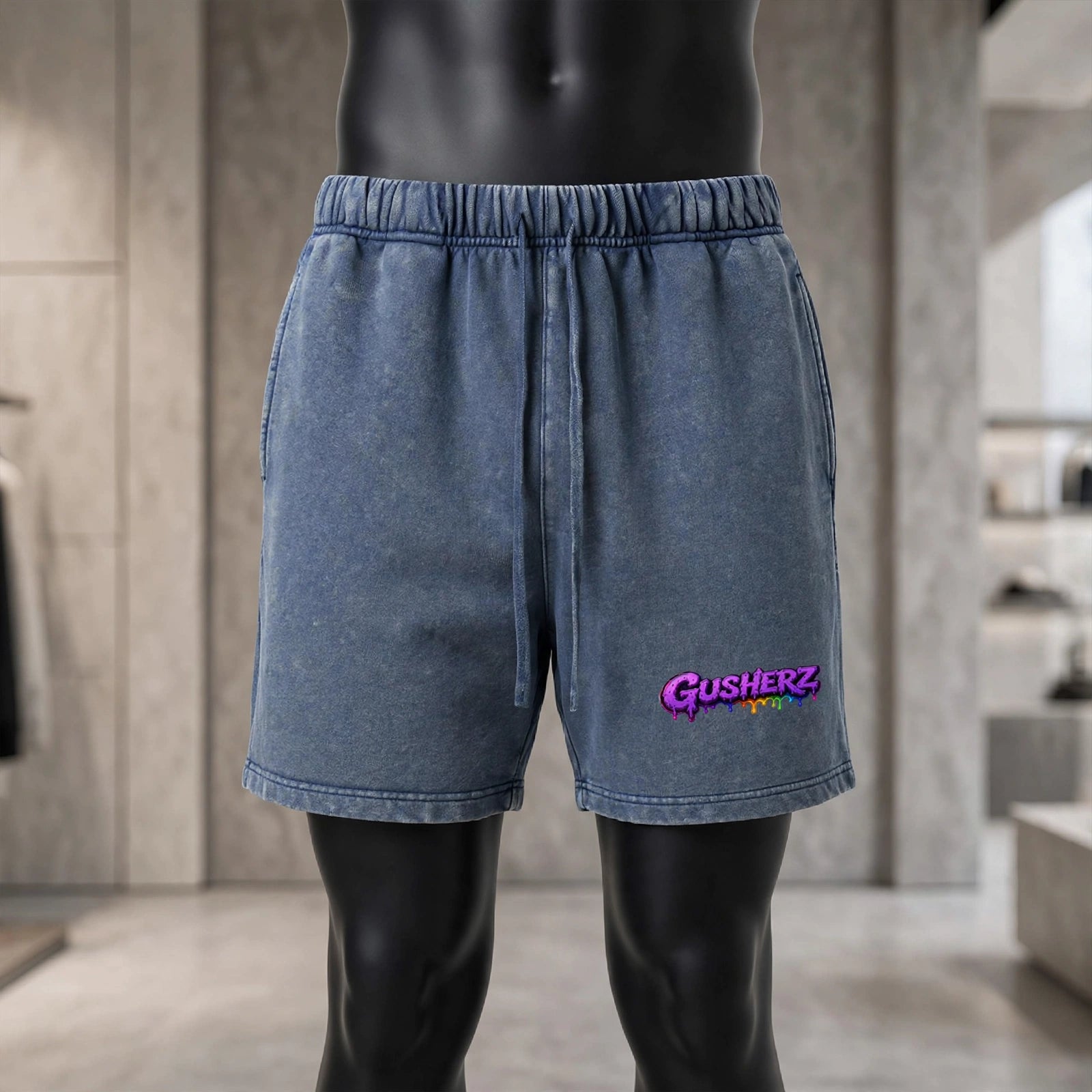 NFEO GUSHERZ Blue Vintage Denim Wash Shorts Unisex - DROP 002 Heavy Hitter Heavyweight Streetwear Shorts - Acid Wash Blue Designer Cannabis Streetwear Shorts with Purple GUSHERZ Rainbow Drip Logo, Oversized Unisex Fit, Premium Washed Cotton, Elastic Waist, Not For Everyone Built For The Few ZAZA Limited Edition Streetwear Drop