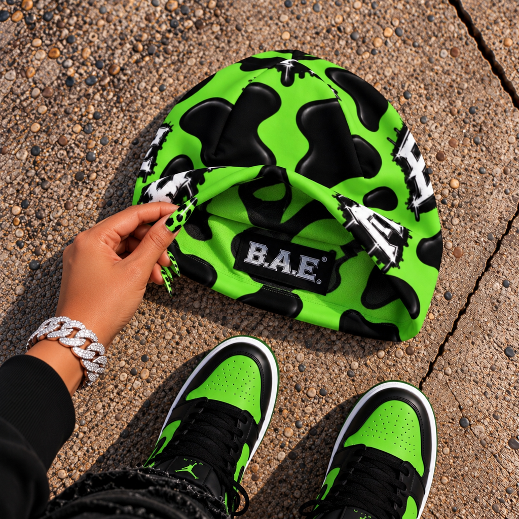 Premium Unisex All-Over Print Beanie Green black B.A.E Cow pattern Skull Cap Streetwear