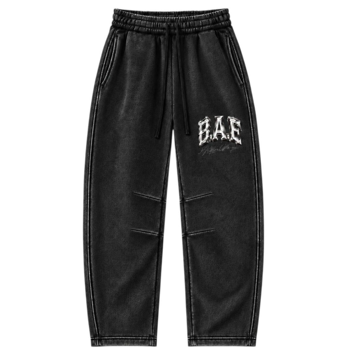 Black front view: of B.A.E. vintage wash streetwear sweatpants unisex barrel-leg fleece joggers in multiple colorways, including red, black, gray, navy blue, green, peach, pink, baby pink, light blue, and yellow, with signature B.A.E. logo detail.