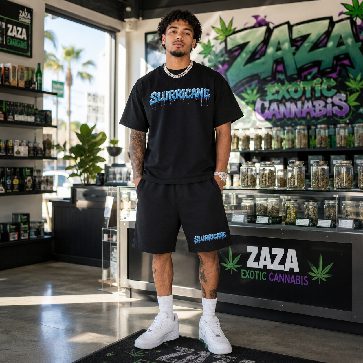 NFEO Built For The Few Slurricane cannabis streetwear set featuring a biracial male model inside a luxury dispensary wearing the Slurricane oversized boxy crop tee with matching black shorts, diamond Cuban link, AP-style watch and white Air Force 1 sneakers. Premium DTG printed cannabis strain apparel with urban luxury styling, smoke shop fashion, exclusive Zaza Reserve DROP 001 collection