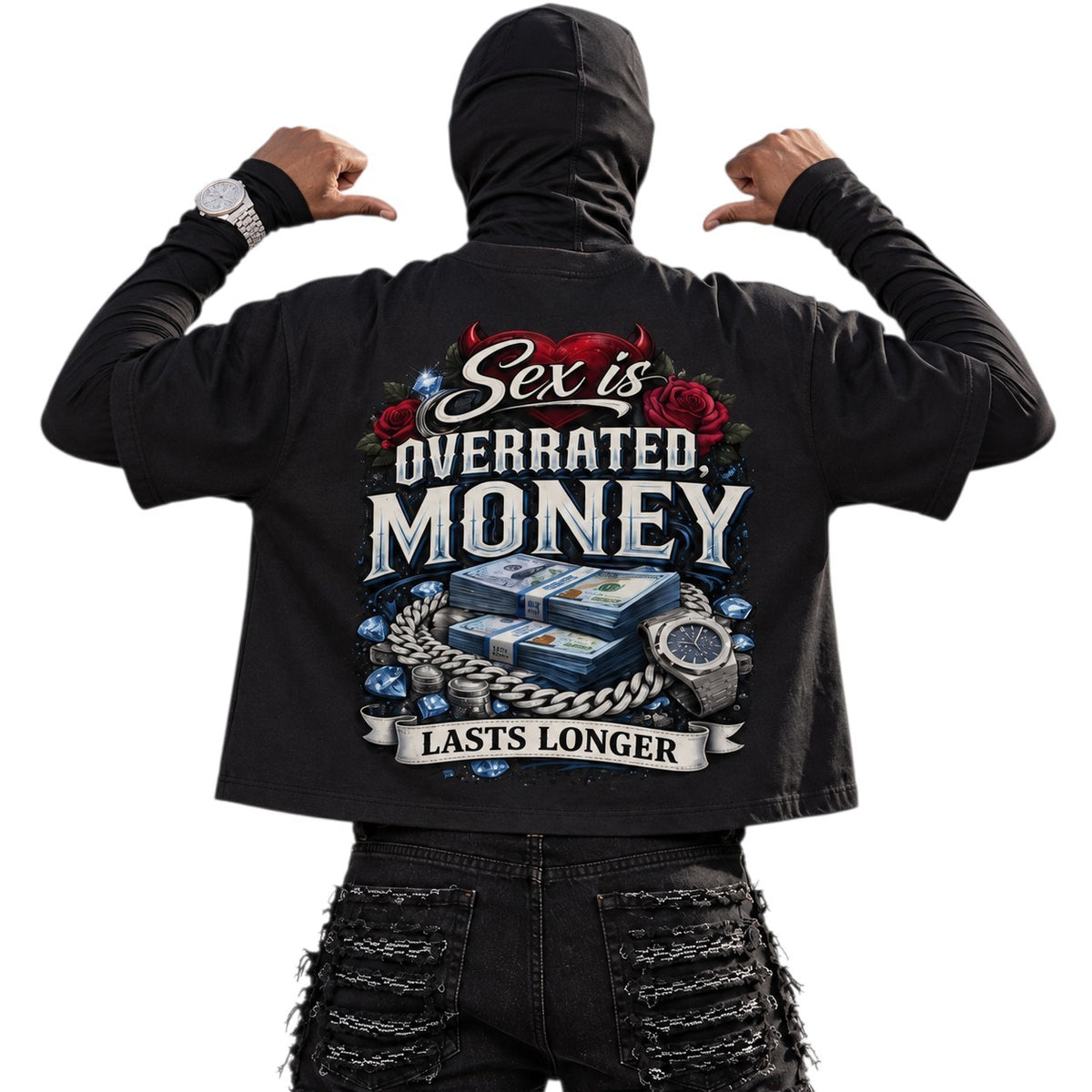 Back view:
OVERRATED black boxy crop T-shirt back view on a male model wearing a black face covering, long-sleeve base layer and heavily distressed black jeans, featuring the large “Sex is OVERRATED MONEY LASTS LONGER” graphic.