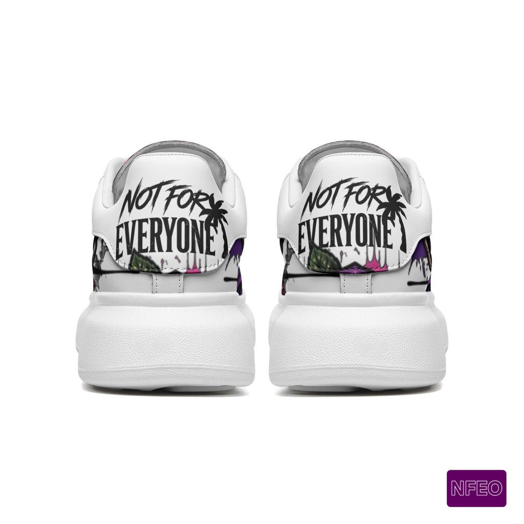 Side by side Back of heels view of stylish millions Pending NFEO Platform McQueen model Chunky sole sneakers with purple, black, white, sliver, floral Skull designs with millions Pending text. Millions Pending NFEO signature sneakers for streetwear.