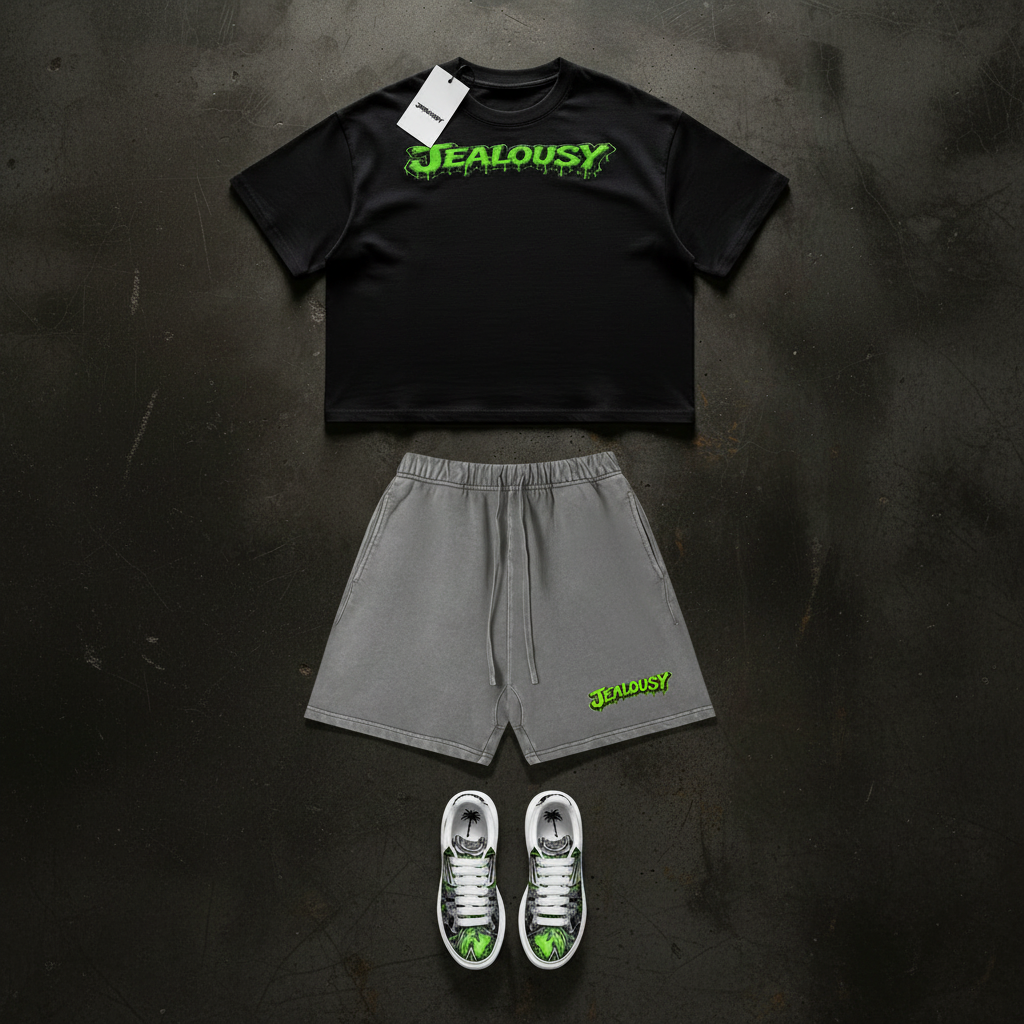 Jealousy cannabis strain streetwear full set flat lay, black heavyweight 250gsm boxy crop drop shoulder tee front slime logo, grey 360gsm vintage wash shorts left leg graphic, green platform sneakers chunky sole, designer trending streetwear skateboarder apparel smoke shop dispensary apparel complete outfit NFEO ZAZA RESERVE