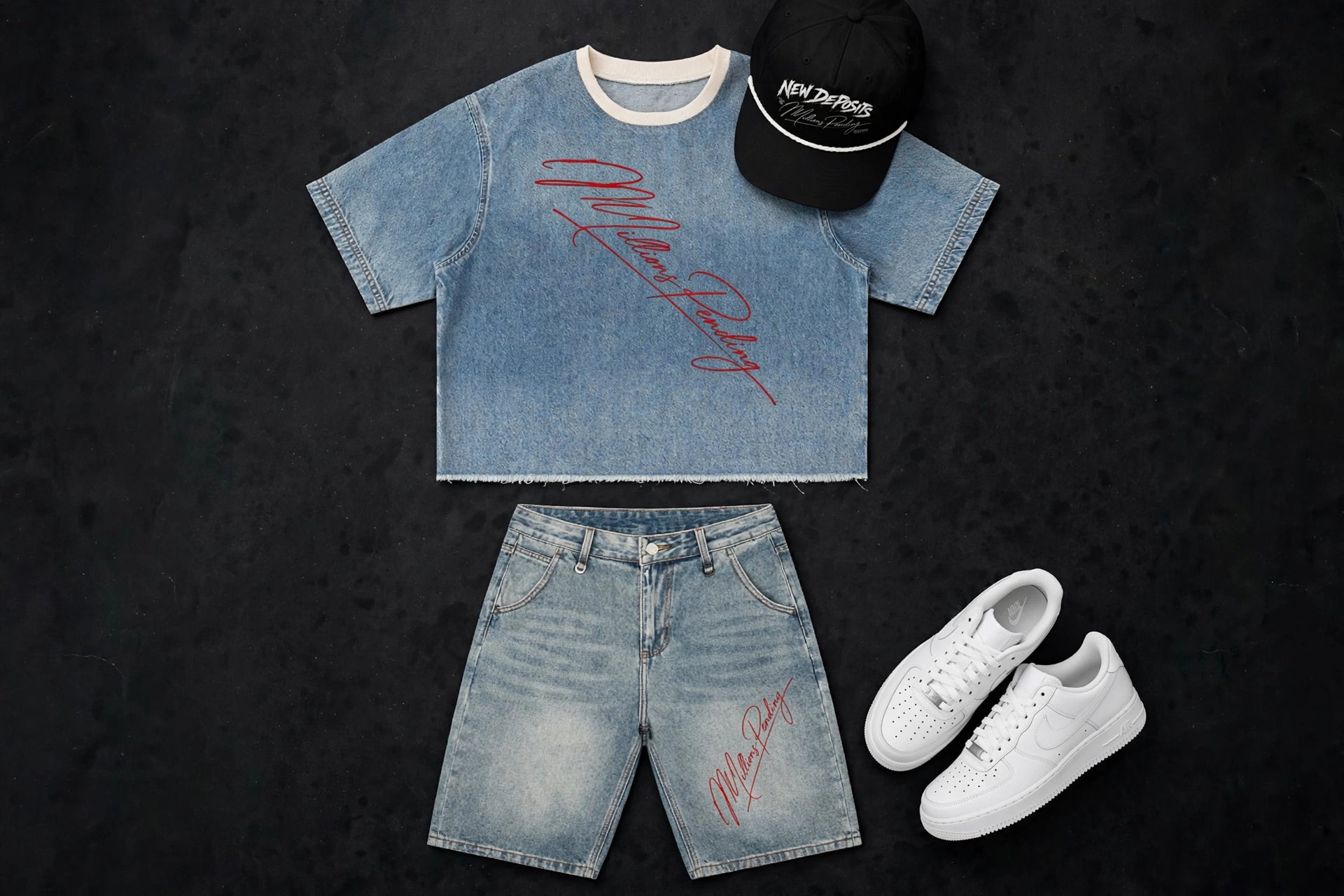 Millions Pending NFEO Vintage Wash Denim Boxy Tee Front View - Red Diagonal Signature Script - Heavyweight 310 GSM Raw Hem - Matching Vintage Wash Denim Shorts with Red Script - Black Richardson 258 Rope Hat NEW DEPOSITS - Crystal White Nike Air Force 1 Low - Luxury Streetwear Flat Lay on Matte Black Stone Table - Fear Of God Style Campaign