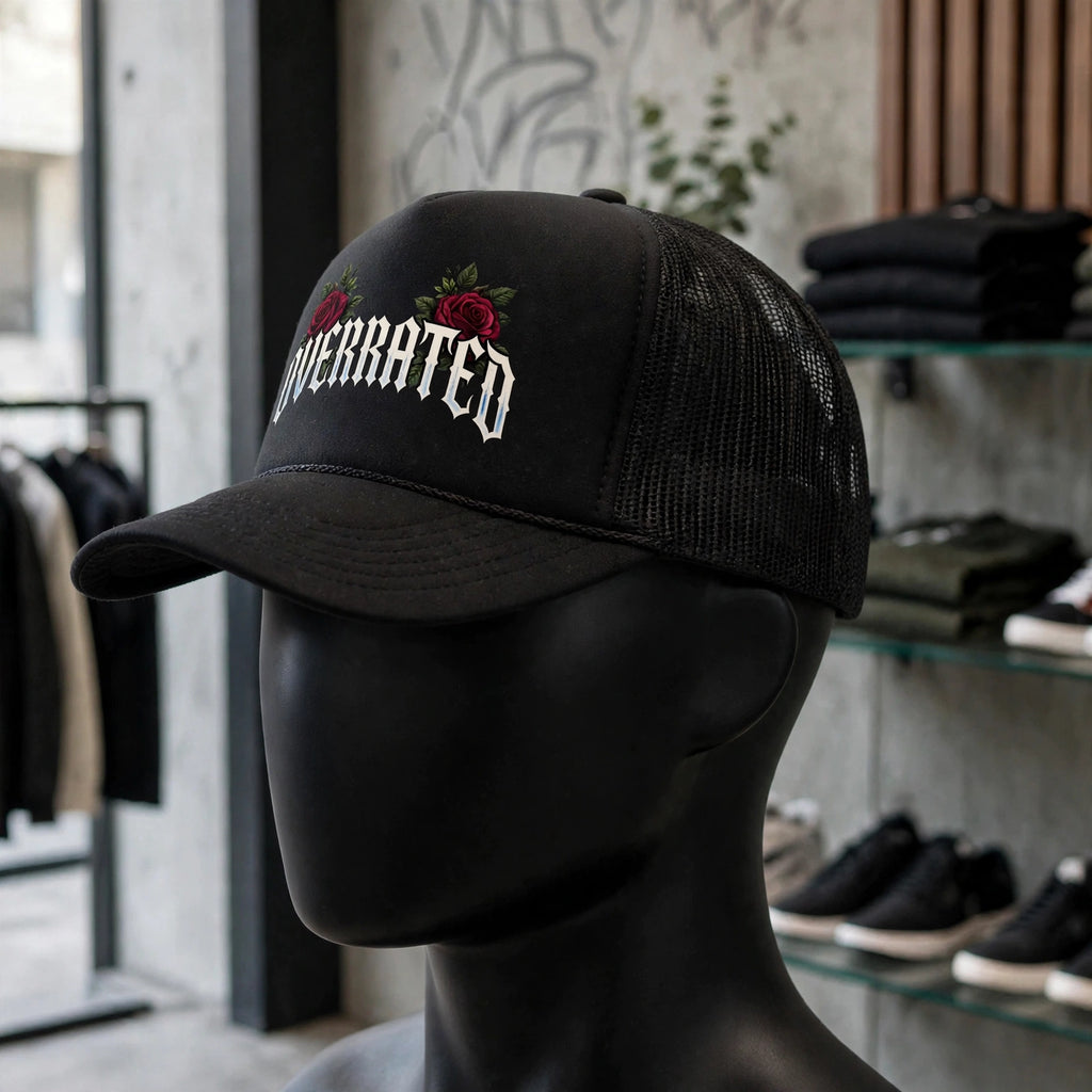 Left side view angle of black mannequin wearing NFEO OVERRATED black streetwear set featuring oversized boxy crop drop shoulder tee and premium foam trucker mesh snapback hat, bold entrepreneur fashion for men who put finances before pleasure