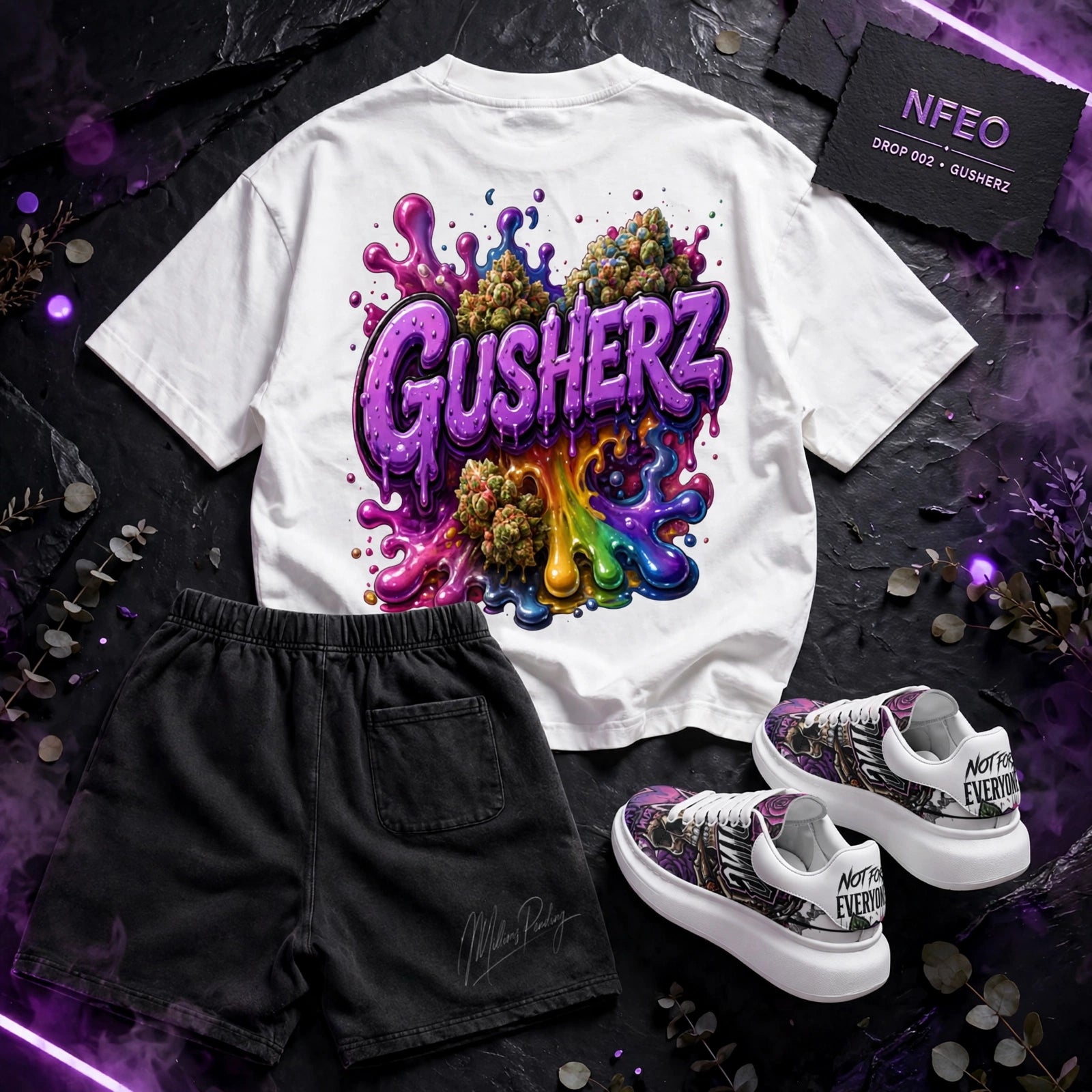 Back view Of collection set:
A white graphic T-shirt with a large colorful 'GUSHERZ' design made of cannabis leaves, styled with black shorts and white sneakers on a dark purple smoky background. Text overlays read 'NFEO ZAZA Reserve DROP 002 - GUSHERZ' and 'COMING SOON'.