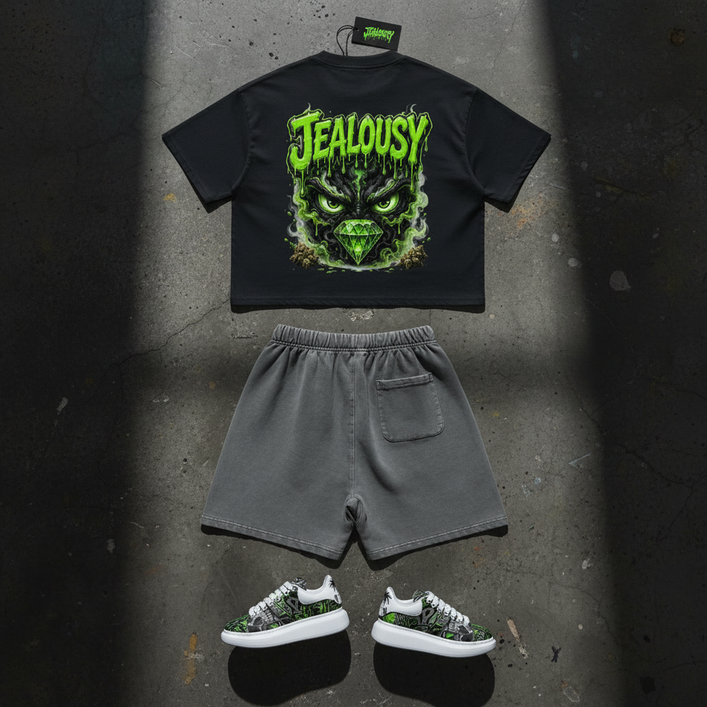 Jealousy cannabis strain boxy crop tee full set back graphic flat lay, black heavyweight 250gsm tee with green eyes diamond slime back print, grey vintage wash cotton shorts 360gsm boxy fit, graffiti platform sneakers, designer streetwear trending fashion skateboarder smoke shop dispensary apparel collection NFEO ZAZA RESERVE
