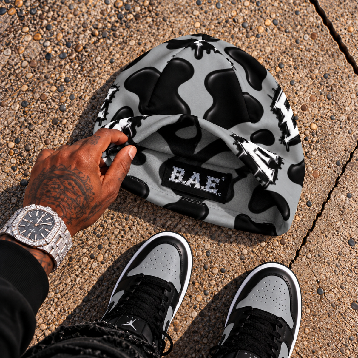 Premium Unisex All Over Print Beanie B.A.E Gray Black Cow printed streetwear skull cap