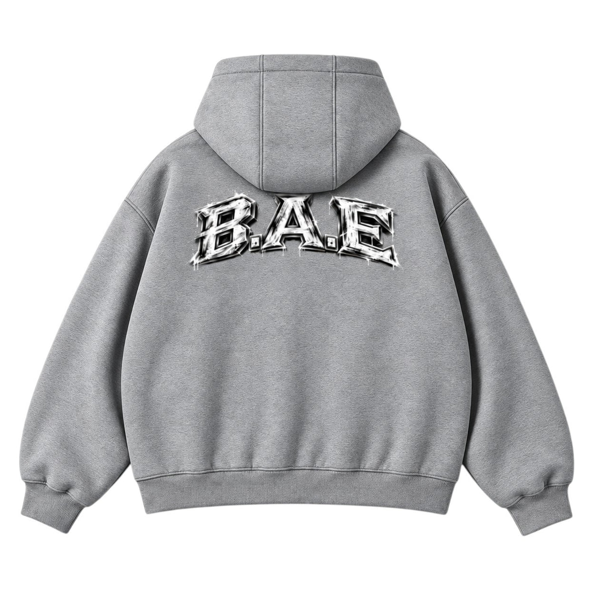 Gray B.A.E. Build An Empire streetwear full-zip hoodie back view with large distressed B.A.E. graphic, hooded design, ribbed cuffs and hem, and clean minimalist styling.
