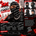 B.A.E. Build An Empire unisex full face balaclava ski mask spec sheet featuring multi-angle product views, black fabric with repeating white Build An Empire script, breathable 4-way stretch design, wind protection, all-season versatility, and detailed product features from NFEO streetwear.