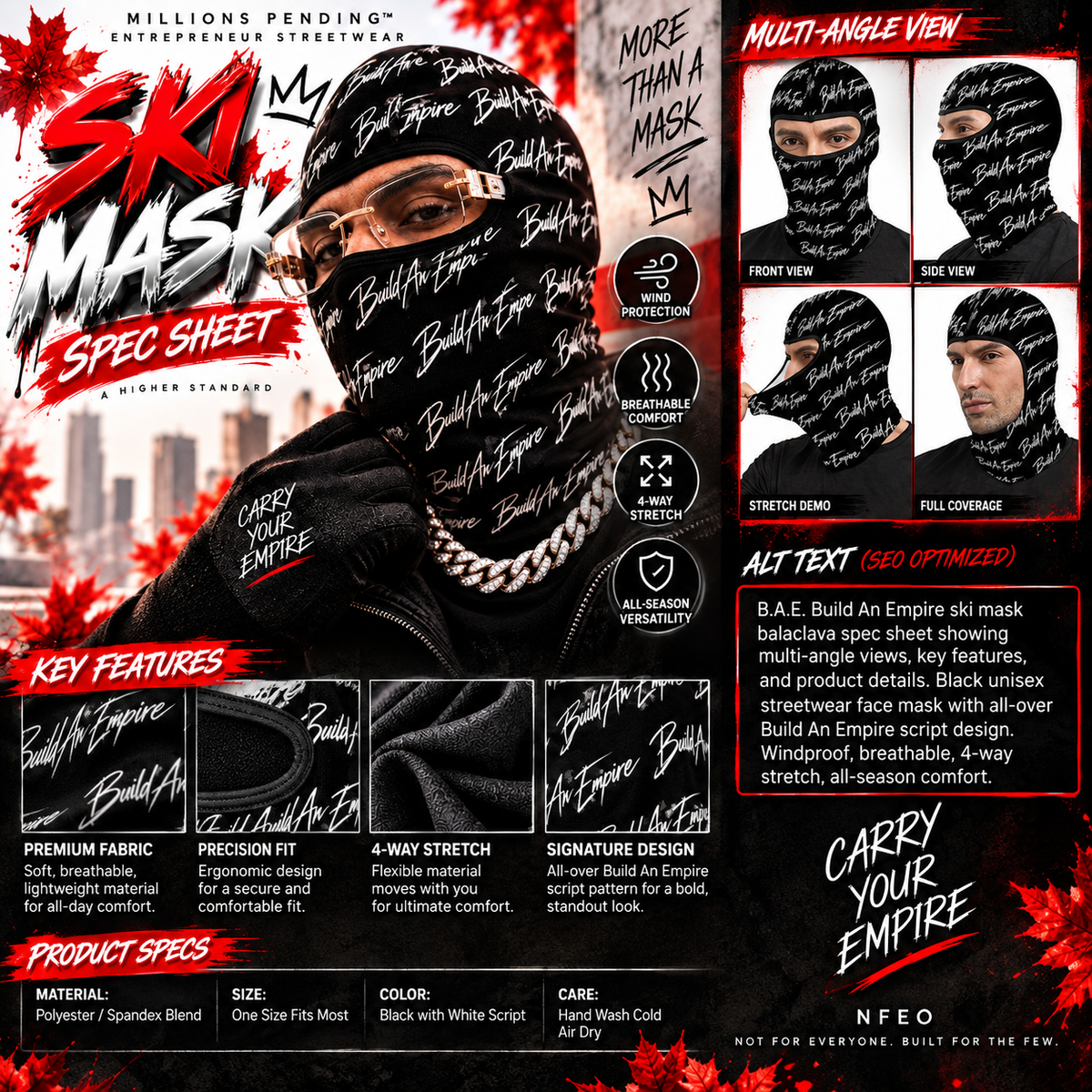 B.A.E. Build An Empire unisex full face balaclava ski mask spec sheet featuring multi-angle product views, black fabric with repeating white Build An Empire script, breathable 4-way stretch design, wind protection, all-season versatility, and detailed product features from NFEO streetwear.
