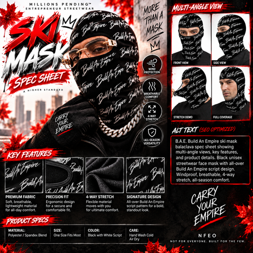 B.A.E. Build An Empire unisex full face balaclava ski mask spec sheet featuring multi-angle product views, black fabric with repeating white Build An Empire script, breathable 4-way stretch design, wind protection, all-season versatility, and detailed product features from NFEO streetwear.