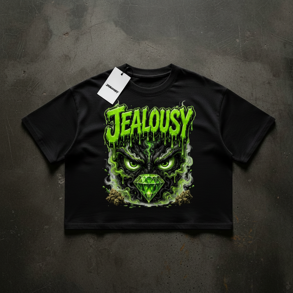 Jealousy cannabis strain boxy crop tee back graphic flat lay, black heavyweight 250gsm unisex drop shoulder tee with green slime eyes diamond smoke designer print, trending streetwear fashion skateboarder apparel smoke shop dispensary apparel, heavyweight cotton tee mockup NFEO ZAZA RESERVE