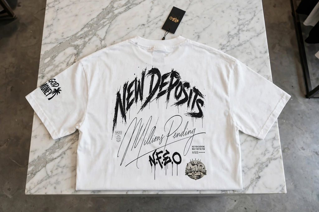 New Deposits Frayed Boxy Designer Tee - Millions Pending NFEO Premium Distressed Streetwear Essentials Entrepreneurs Fashion