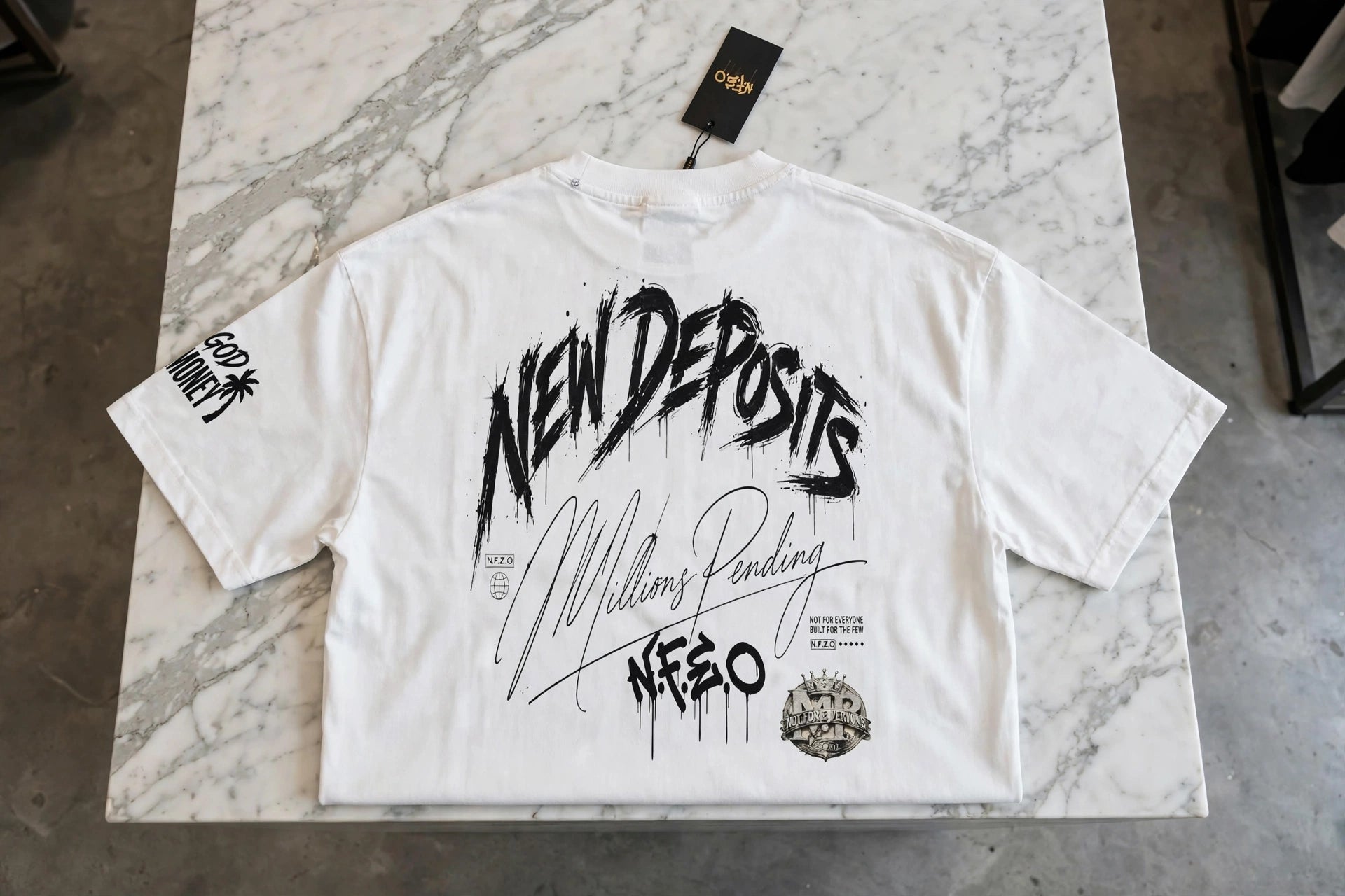 New Deposits Frayed Boxy Designer Tee - Millions Pending NFEO Premium Distressed Streetwear Essentials Entrepreneurs Fashion
