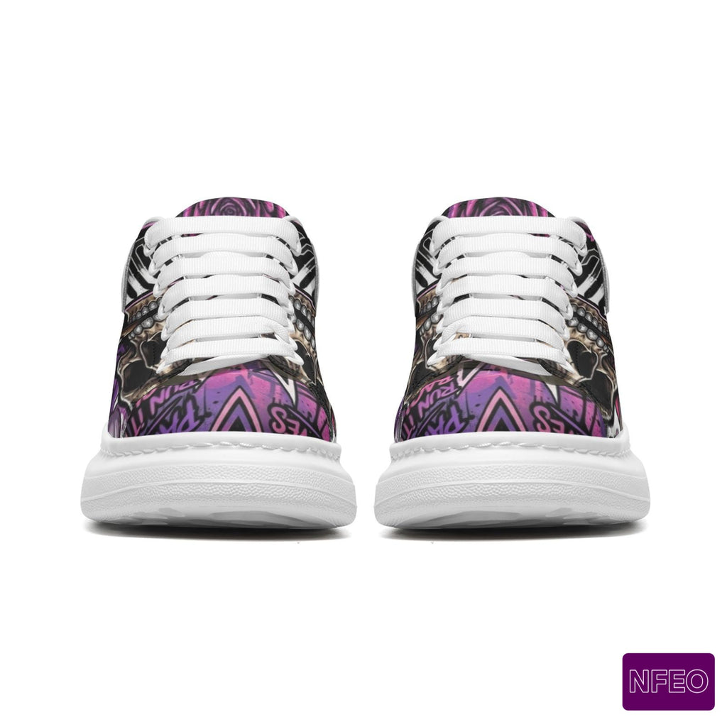 Side by side front toe view of stylish Graffiti millions Pending NFEO Platform McQueen model Chunky sole sneakers with purple,  black, white, sliver, floral Skull designs with millions Pending text, Millions Pending signature sneakers for streetwear.