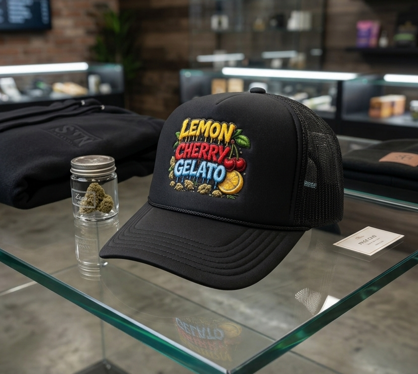 A black trucker-style cap with a colorful embroidered 'LEMON CHERRY GELATO' graphic sits on a glass display table in a retail store. A folded black hoodie and a small glass jar are nearby, with blurred store fixtures in the background.