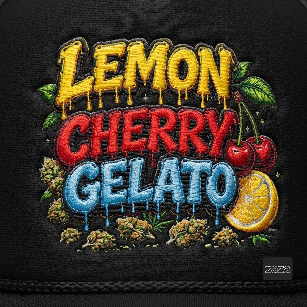 A close-up of a black embroidered patch featuring the words “LEMON CHERRY GELATO” in dripping yellow, red, and blue lettering, surrounded by cherries, lemons, green leaves, and cannabis buds on a black fabric background.