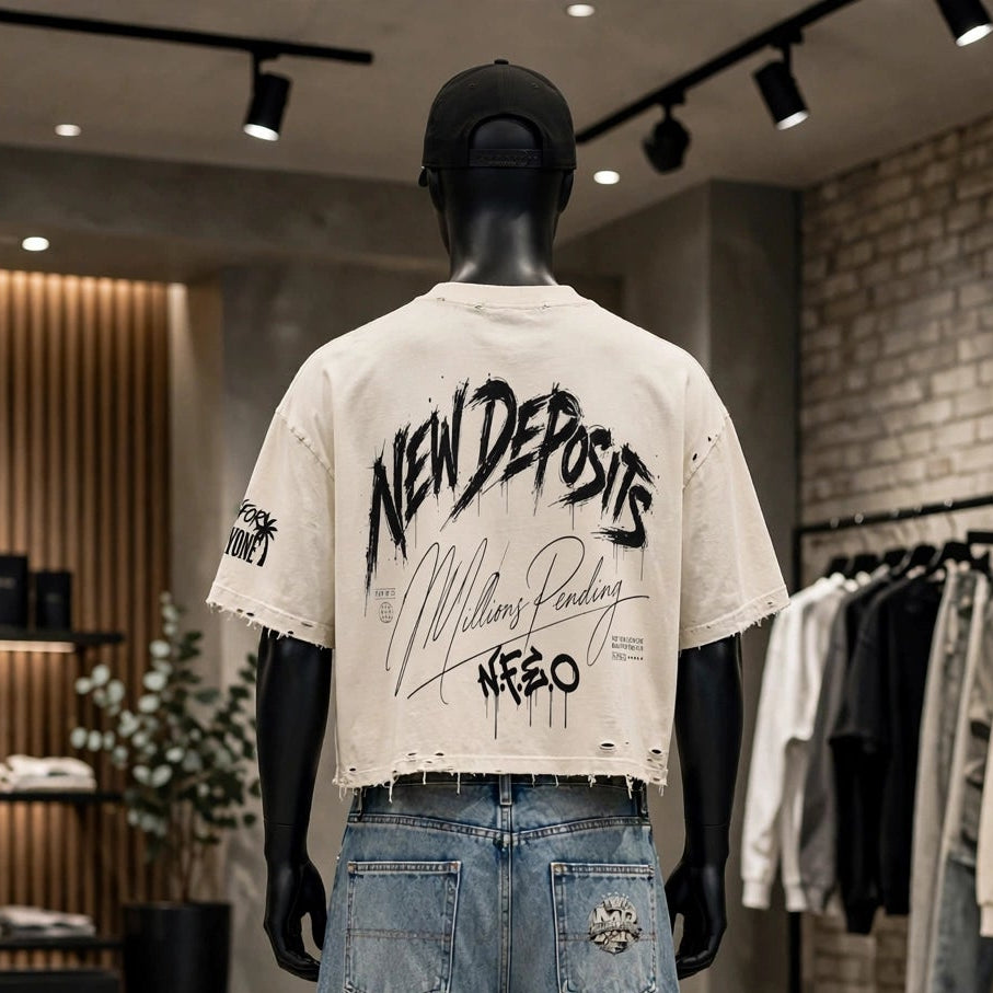 New Deposits Frayed Boxy Designer Tee - Millions Pending NFEO Premium Distressed Streetwear Essentials Entrepreneurs Fashion
