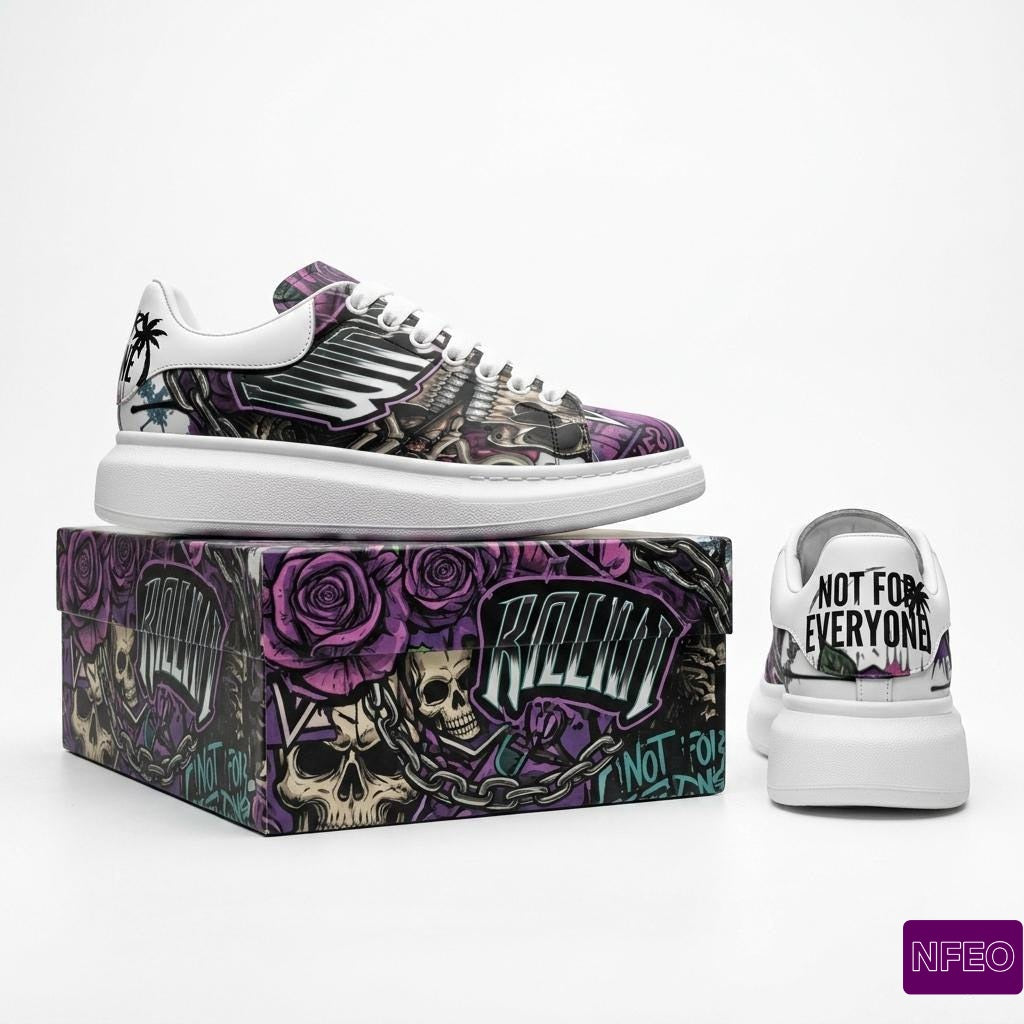 Side and heel view of stylish Graffiti millions Pending NFEO Platform McQueen model Chunky sole sneakers with purple,  black, white, sliver, floral Skull designs with millions Pending text, sitting on top of matching shoe box. Millions Pending signature sneakers for streetwear.