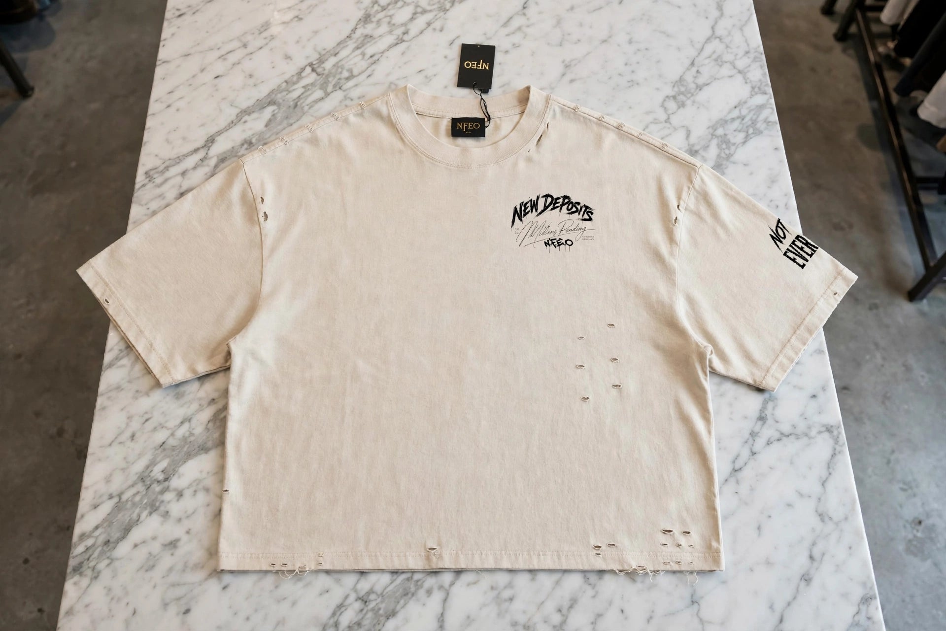 New Deposits Frayed Boxy Designer Tee - Millions Pending NFEO Premium Distressed Streetwear Essentials Entrepreneurs Fashion