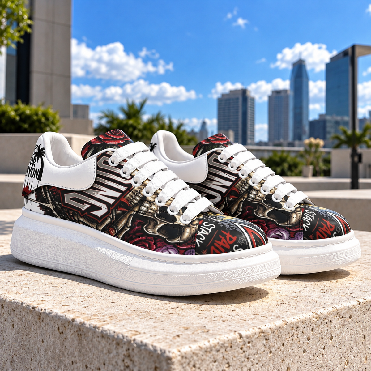 NFEO graffiti platform sneakers featuring red, black, and white street art graphics, bold lettering, white overlays, white laces, and chunky white platform soles. Luxury-inspired streetwear shoes photographed against a modern city skyline for a standout urban fashion look at MillionsPending.store.