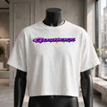 NFEO GUSHERZ DROP 002 White Boxy Crop Tee On Black Mannequin Front View - Purple Rainbow Drip GUSHERZ Chest Logo Oversized Heavyweight Crop Fit Drop Shoulders Garment Texture - Luxury Cannabis Streetwear Boxy Tee Mannequin Mockup - Not For Everyone Built For The Few Designer Limited Edition Collectible