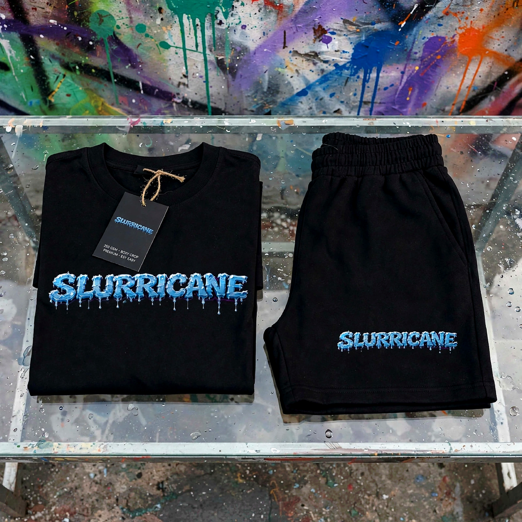 A black short-sleeve T-shirt and matching black shorts laid flat on a glass table. Both pieces feature a blue and white dripping 'SLURRICANE' graphic on the front and chest. NFEO ZAZA RESERVE CANNABIS STRAIN STREETWEAR COLLECTION 