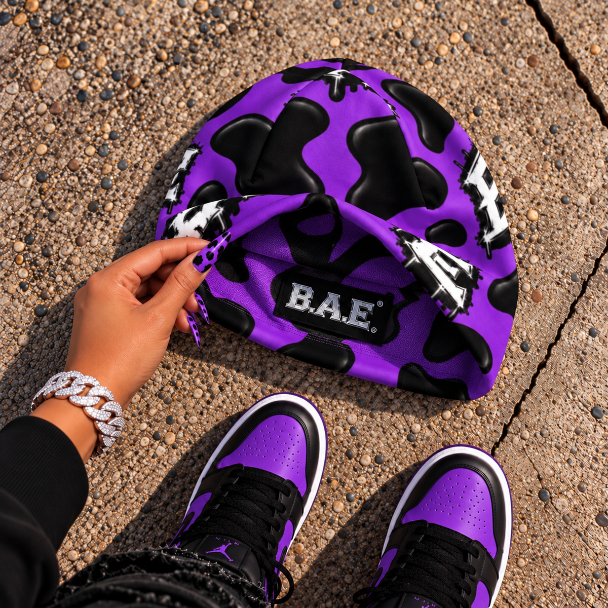 Premium Unisex All-Over Print Beanie Purple Black B.A.E Cow pattern Streetwear Skull Cap