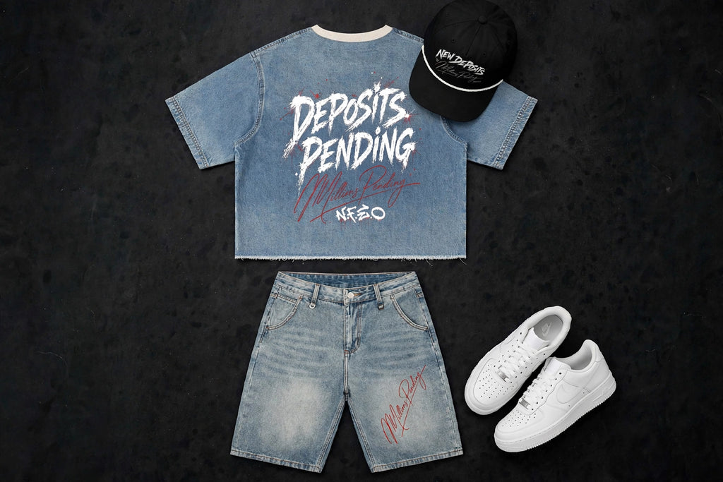 Millions Pending NFEO Vintage Wash Denim Boxy Tee Back Graphic DEPOSITS PENDING White Distressed Brush with Red Splatter - Red Millions Pending Cursive and NFEO Logo - Heavyweight Boxy Fit Raw Hem - Vintage Wash Denim Shorts - Black 258 Rope Hat - White Air Force 1 Low - Luxury Editorial Flat Lay