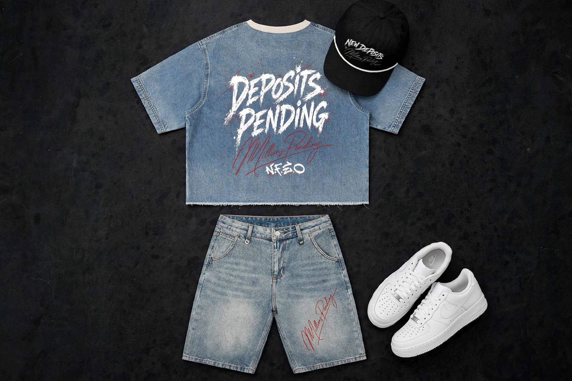 Millions Pending NFEO Vintage Wash Denim Boxy Tee Back Graphic DEPOSITS PENDING White Distressed Brush with Red Splatter - Red Millions Pending Cursive and NFEO Logo - Heavyweight Boxy Fit Raw Hem - Vintage Wash Denim Shorts - Black 258 Rope Hat - White Air Force 1 Low - Luxury Editorial Flat Lay