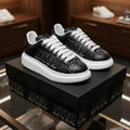 Front Side by side /Hero Shot: NFEO X-Ray Colorway unisex platform chunky-sole sneakers — black on black ghost-print faux leather upper with NFEO Built for the Few branding, white fat laces, and bold white EVA platform sole. Limited edition stealth luxury streetwear sneakers. Made to order.