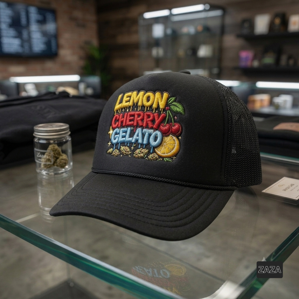 Lemon Cherry Gelato embroidered foam trucker hat, premium cannabis strain streetwear hat with structured high-profile design, breathable mesh back and exclusive NFEO Zaza Reserve embroidery