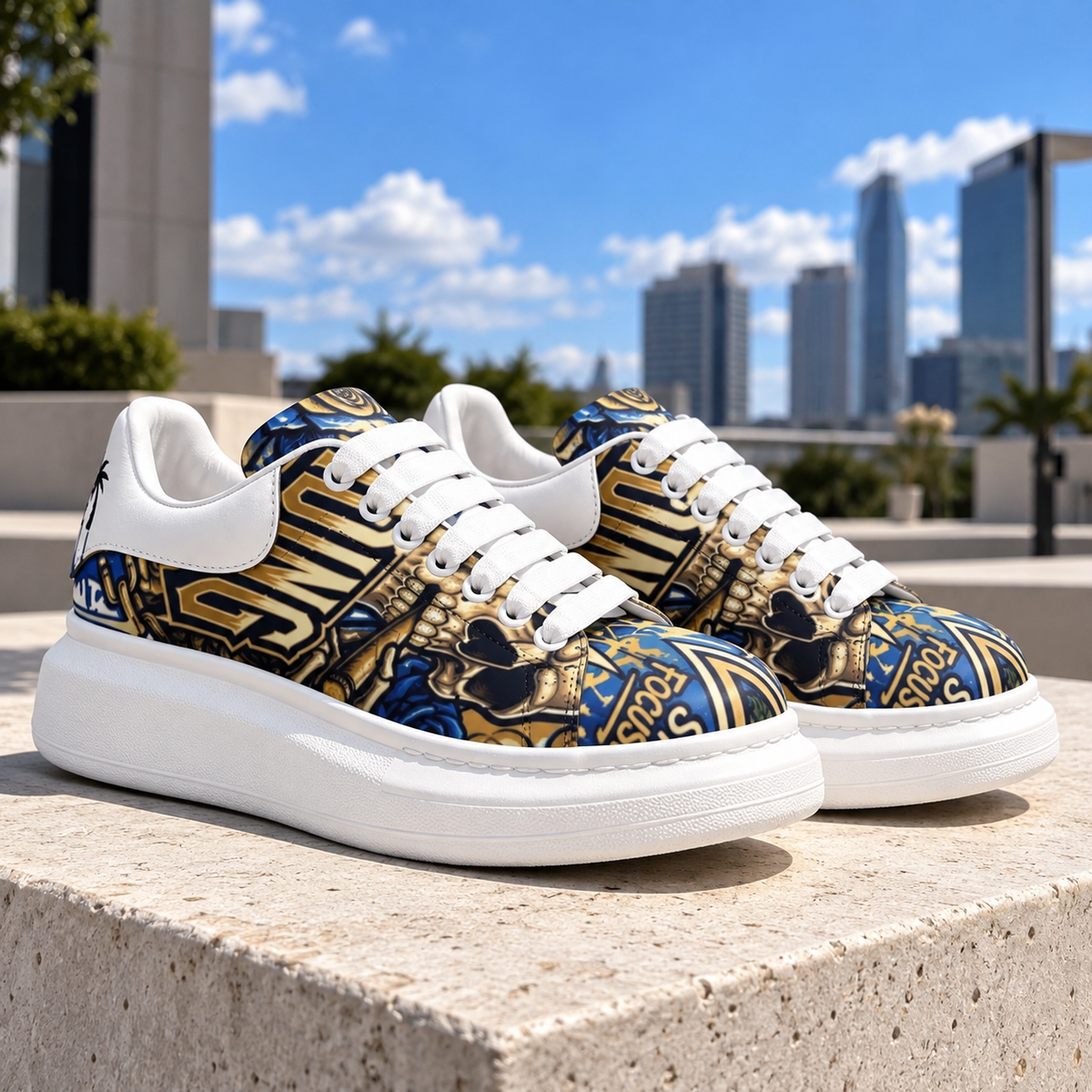 NFEO graffiti platform sneakers in blue, gold, and black with bold streetwear lettering, white leather-look overlays, white laces, and thick white platform soles, displayed against a sunny city skyline. Statement designer-inspired urban fashion footwear from MillionsPending.store.