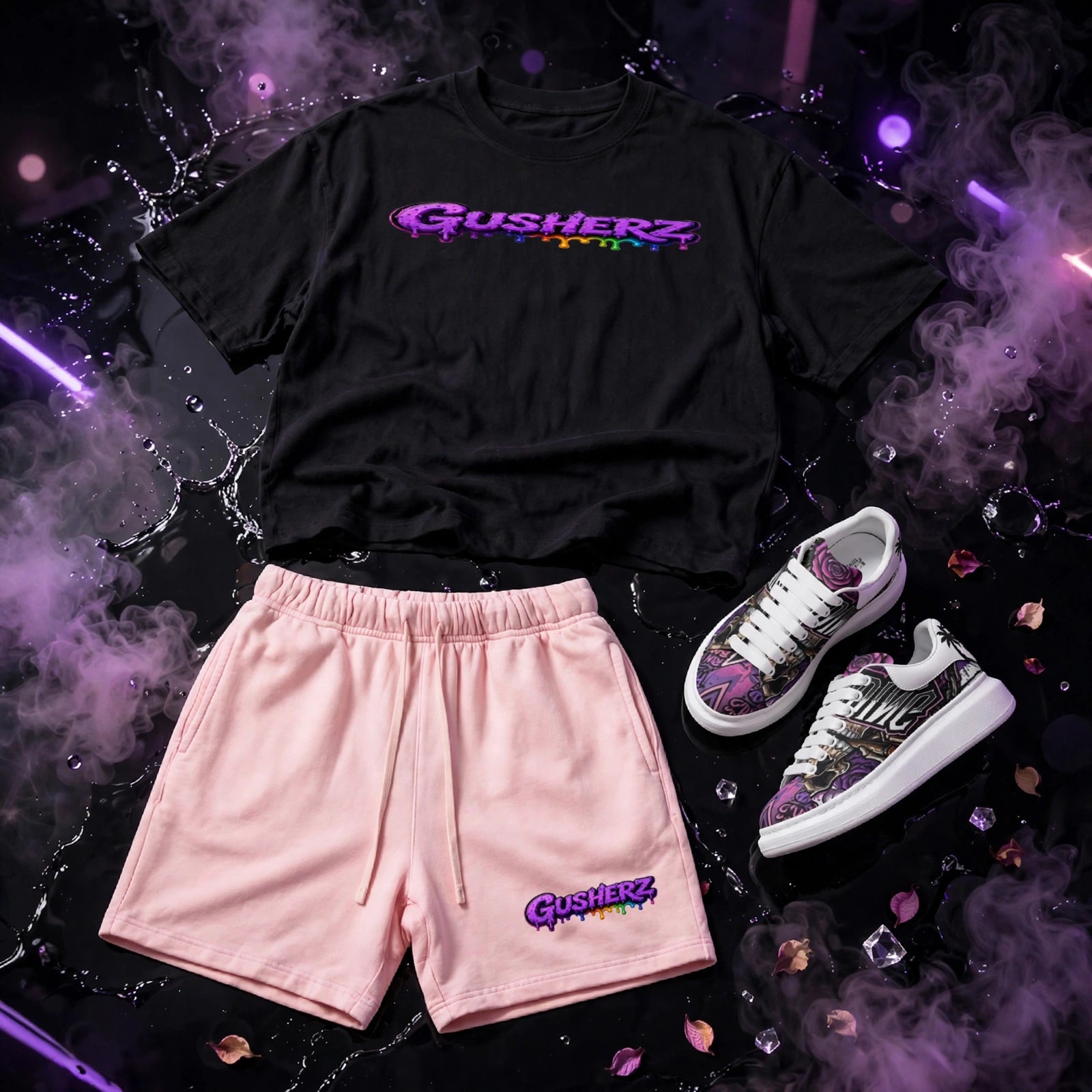 NFEO GUSHERZ DROP 002 Front Flat Lay Collection - Black Oversized Heavyweight Boxy Tee with Purple Rainbow Drip Chest Logo + Light Pink Vintage Wash Shorts + Custom Graphic Sneakers - Luxury Cannabis Streetwear Flatlay Mockup - ZAZA Strain Inspired Designer Streetwear Set - Not For Everyone Built For The Few Limited Edition Collectible Outfit